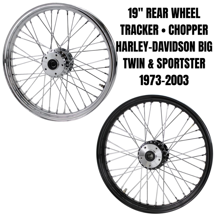A Moto Iron® 19” × 2.5” Rear Tracker Wheel for 1973-2003 Harley-Davidson Big Twin and Sportster, featuring chrome spokes, a central hub, and valve stem, is displayed against a white background.