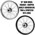 A Moto Iron® 19” × 2.5” Rear Tracker Wheel for 1973-2003 Harley-Davidson Big Twin and Sportster, featuring chrome spokes, a central hub, and valve stem, is displayed against a white background.