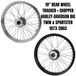 A Moto Iron® 19” × 2.5” Rear Tracker Wheel for 1973-2003 Harley-Davidson Big Twin and Sportster, featuring chrome spokes, a central hub, and valve stem, is displayed against a white background.