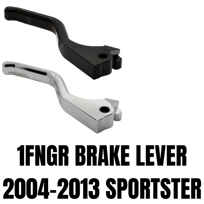 The 1FNGR Brake Lever for 2004-2013 Harley-Davidson Sportster by 1FNGR is a chrome-plated CNC-machined aluminum lever with a mounting hole at one end, shown on a white background.