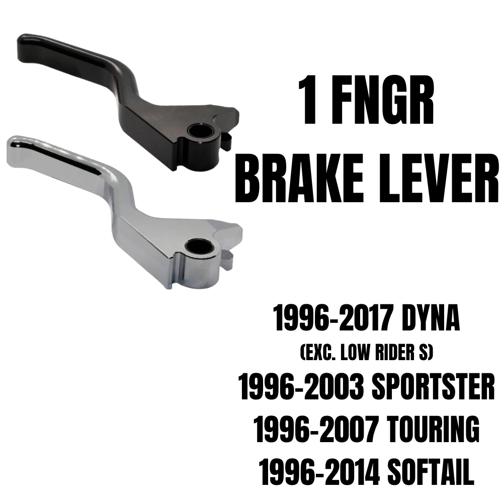 The 1FNGR Brake Lever for 1996-2017 Harley-Davidson by 1FNGR features a silver CNC-machined aluminum curved handle with a circular mounting hole, shown against a white background.