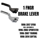 The 1FNGR Brake Lever for 1996-2017 Harley-Davidson by 1FNGR features a silver CNC-machined aluminum curved handle with a circular mounting hole, shown against a white background.