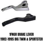 The 1FNGR Brake Lever for 1982-1995 Harley-Davidson, by 1FNGR, features CNC-machined aluminum with a chrome finish and two round holes at the base, shown against a white background.
