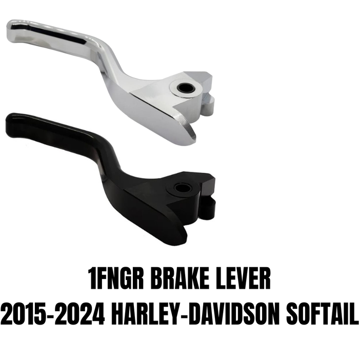 A close-up of the 1FNGR Brake Lever for 2015-2024 Harley-Davidson Softail, featuring a metallic chrome finish, displayed on a white background.