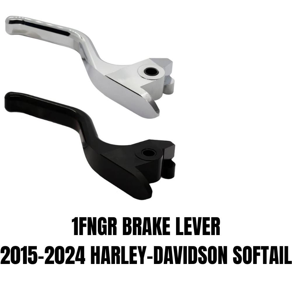 A close-up of the 1FNGR Brake Lever for 2015-2024 Harley-Davidson Softail, featuring a metallic chrome finish, displayed on a white background.