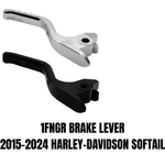 A close-up of the 1FNGR Brake Lever for 2015-2024 Harley-Davidson Softail, featuring a metallic chrome finish, displayed on a white background.