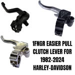 Close-up of a motorcycle handlebar with an orange rubber grip, rearview mirror, and the 1FNGR Easier Pull Clutch Lever Assembly for 1982-2024 Harley-Davidson, designed for smoother clutch operation.