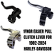Close-up of a motorcycle handlebar with an orange rubber grip, rearview mirror, and the 1FNGR Easier Pull Clutch Lever Assembly for 1982-2024 Harley-Davidson, designed for smoother clutch operation.
