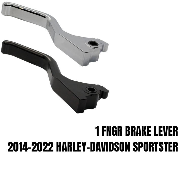 The 1FNGR Brake Lever for 2014-2022 Harley-Davidson Sportster is a CNC-machined aluminum lever with an angled design and a mounting hole on one end, pictured against a white background.