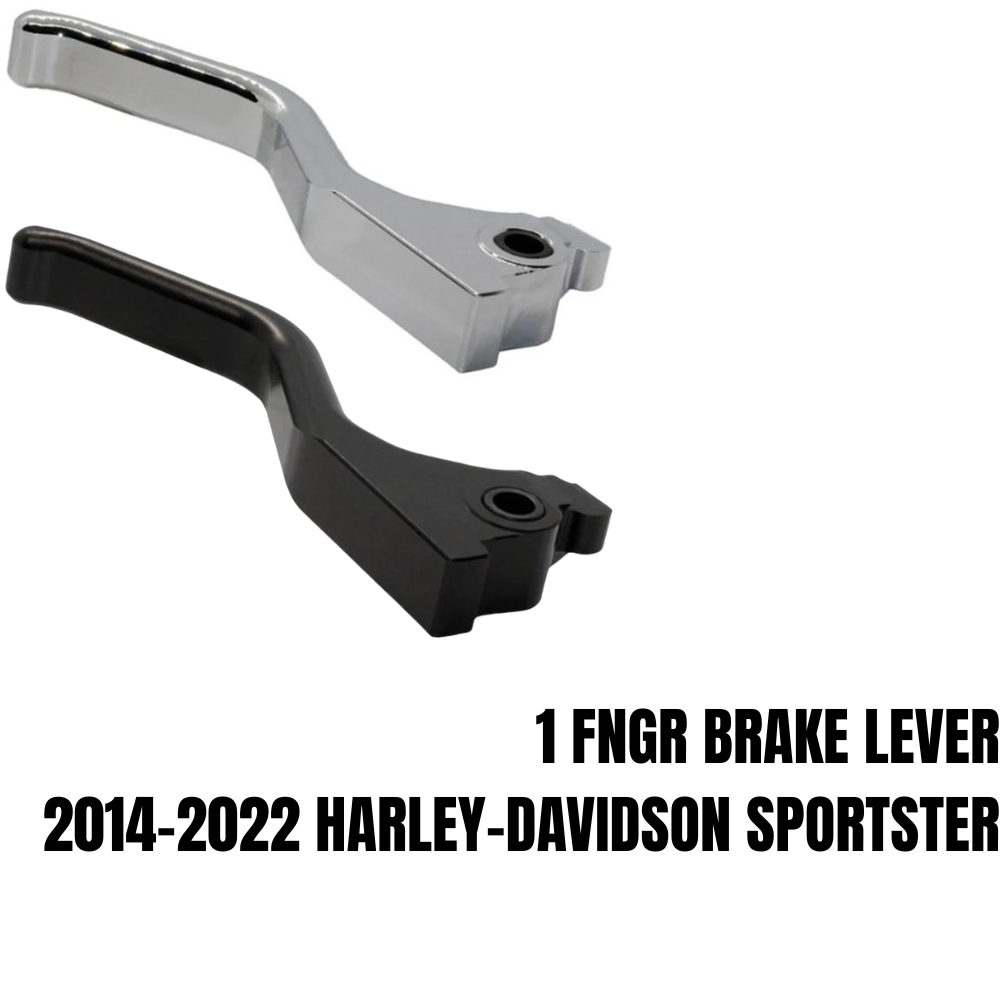 The 1FNGR Brake Lever for 2014-2022 Harley-Davidson Sportster is a CNC-machined aluminum lever with an angled design and a mounting hole on one end, pictured against a white background.