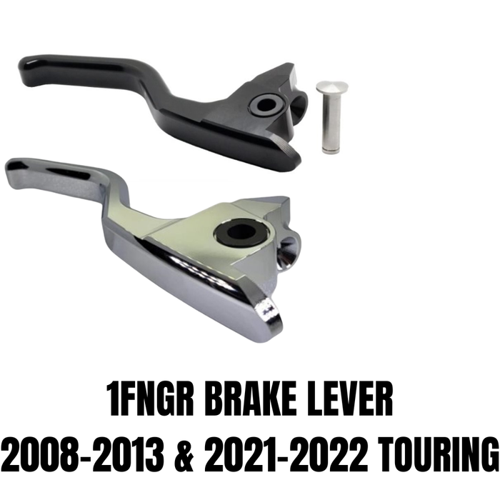 The 1FNGR Brake Lever for 2008-2013 and 2021-2022 Harley-Davidson Touring, made of chrome-plated CNC-machined aluminum with a mounting hole, is shown against a white background.