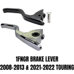 The 1FNGR Brake Lever for 2008-2013 and 2021-2022 Harley-Davidson Touring, made of chrome-plated CNC-machined aluminum with a mounting hole, is shown against a white background.