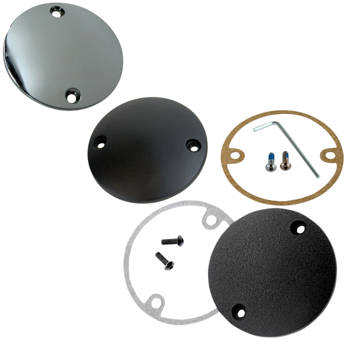 Three Moto Iron® Universal Points/Ignition Covers for 1970-2022 Harley-Davidson motorcycles are displayed on a white background, each featuring a round metal design with screw holes and shown alongside included gaskets, screws, and an Allen wrench.