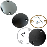 Three Moto Iron® Universal Points/Ignition Covers for 1970-2022 Harley-Davidson motorcycles are displayed on a white background, each featuring a round metal design with screw holes and shown alongside included gaskets, screws, and an Allen wrench.