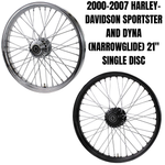 The Moto Iron® 21” × 2.15” Front Wheel fits 2000-2007 Harley-Davidson Dyna and Sportster models, featuring chrome spokes for a sleek, stylish upgrade.