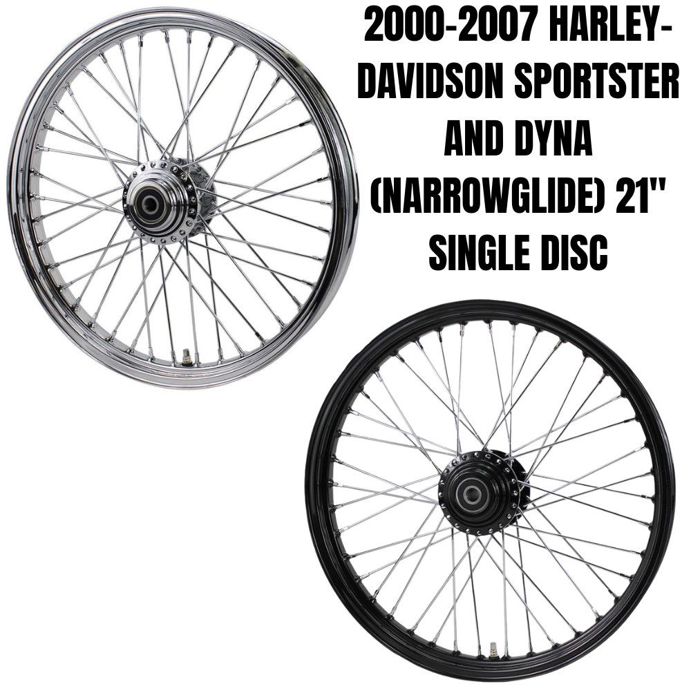 The Moto Iron® 21” × 2.15” Front Wheel fits 2000-2007 Harley-Davidson Dyna and Sportster models, featuring chrome spokes for a sleek, stylish upgrade.
