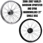 The Moto Iron® 21” × 2.15” Front Wheel fits 2000-2007 Harley-Davidson Dyna and Sportster models, featuring chrome spokes for a sleek, stylish upgrade.