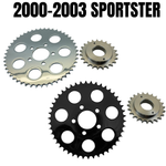TC Bros. Belt-to-Chain Conversion Kit for Harley-Davidson Sportster 2000-2003 shown in chrome and black options. Both sets of 530 chain drive sprockets and gears are displayed on a white background. Brand: TC Bros.