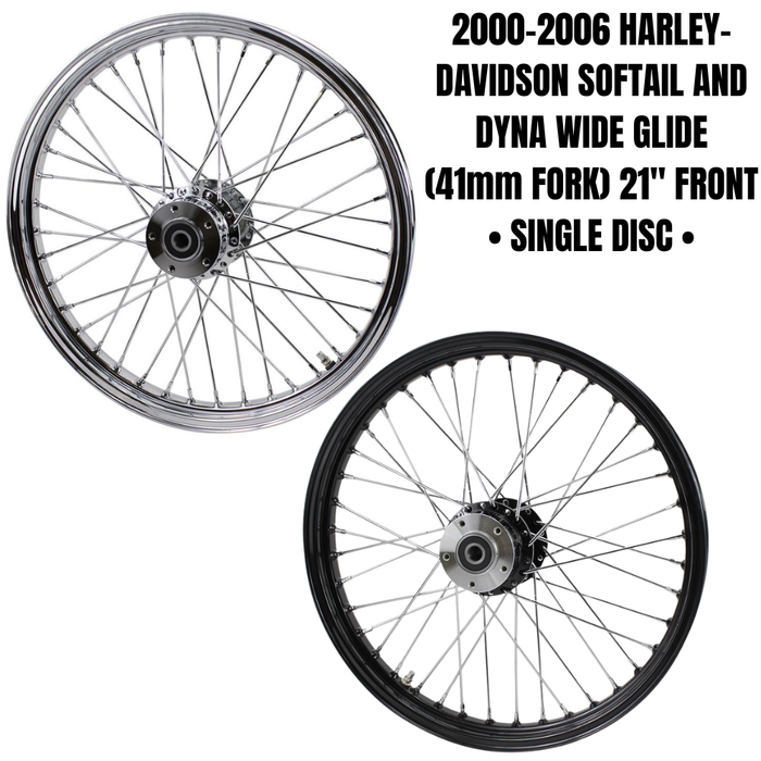 A Moto Iron® 21” × 2.15” chrome front wheel for 2000-2006 Harley-Davidson Big Twin, featuring classic spokes and a central hub, is shown side-on against a white background.