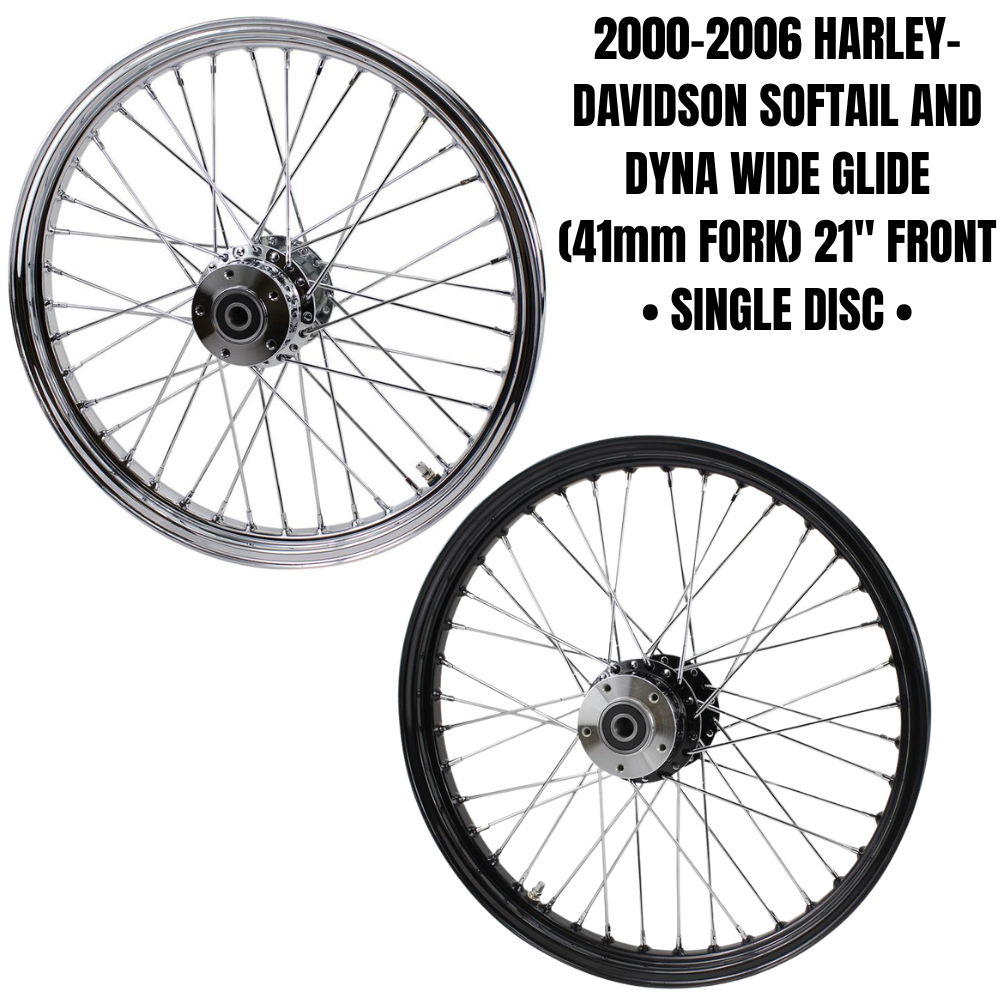 A Moto Iron® 21” × 2.15” chrome front wheel for 2000-2006 Harley-Davidson Big Twin, featuring classic spokes and a central hub, is shown side-on against a white background.