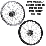 A Moto Iron® 21” × 2.15” chrome front wheel for 2000-2006 Harley-Davidson Big Twin, featuring classic spokes and a central hub, is shown side-on against a white background.