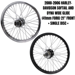 A Moto Iron® 21” × 2.15” chrome front wheel for 2000-2006 Harley-Davidson Big Twin, featuring classic spokes and a central hub, is shown side-on against a white background.
