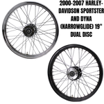A Moto Iron® 19” × 2.15” front wheel for 2000-2007 Harley-Davidson Dyna and Sportster, featuring a spoked chrome design and central hub, shown from the side against a white background.