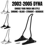 Four TC Bros. Sissy Bars for Harley-Davidson Dyna (FXD) 2002–2005 are shown in chrome and black, with straight and kickback styles. Includes mounting hardware and is compatible with motorcycle luggage racks for added versatility.