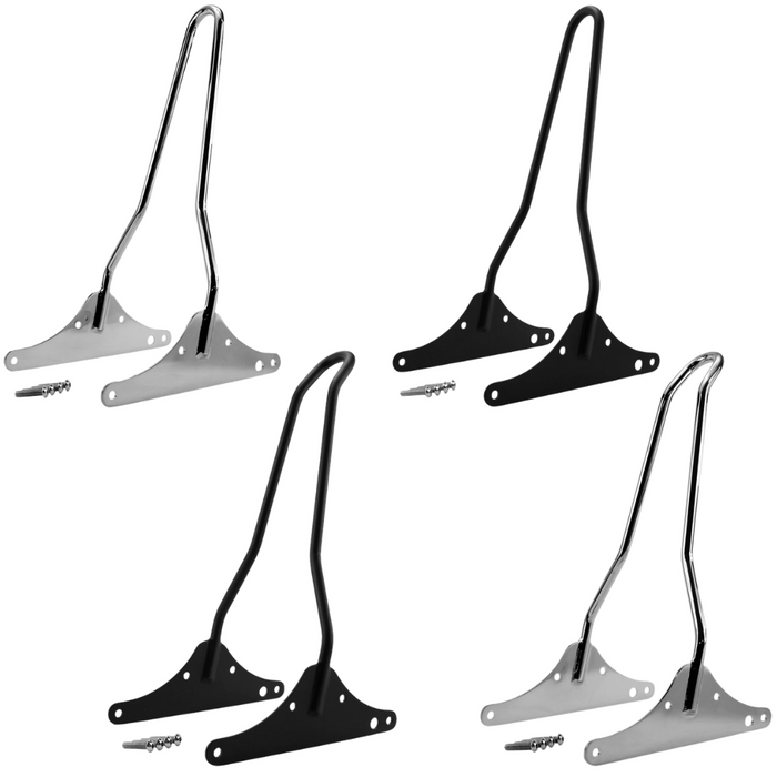 Four TC Bros. Sissy Bars for Harley-Davidson Dyna (FXD) 2002–2005 are shown in chrome and black, with straight and kickback styles. Includes mounting hardware and is compatible with motorcycle luggage racks for added versatility.