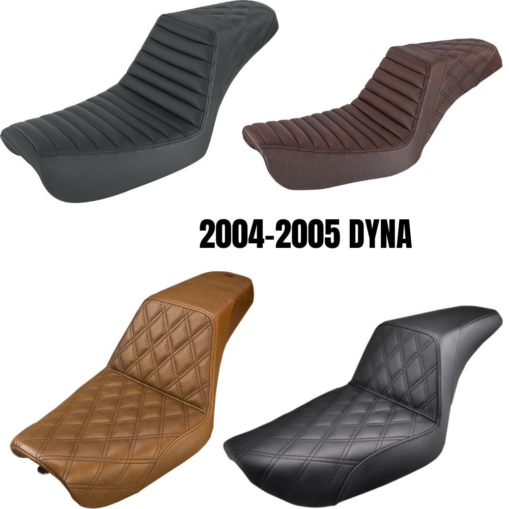 The Saddlemen Step-Up Seat for 2004-2005 Harley-Davidson Dyna features black diamond-patterned stitching, a raised backrest, and smooth side panels for style and comfort.