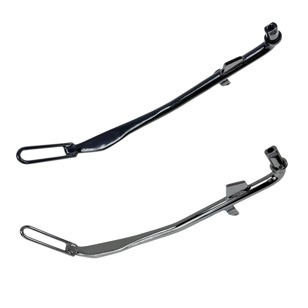 A Moto Iron® Kickstand for 2006-2017 Harley-Davidson Dyna, featuring a black metal curved design, extended length, mounting bracket, and footrest, is shown against a white background.