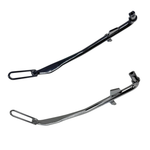 A Moto Iron® Kickstand for 2006-2017 Harley-Davidson Dyna, featuring a black metal curved design, extended length, mounting bracket, and footrest, is shown against a white background.