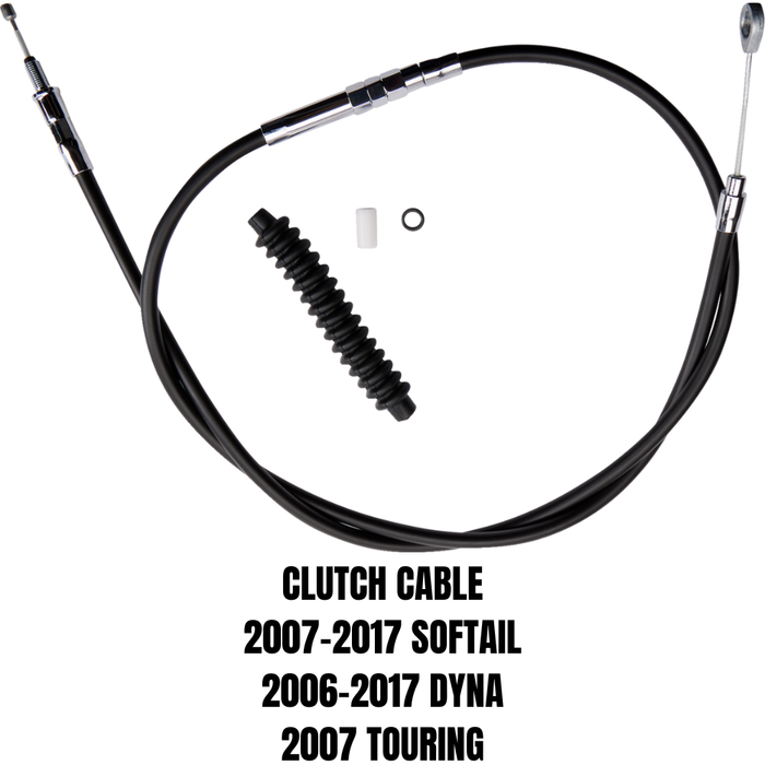 The Drag Specialties Clutch Cable for 2006-2017 Harley-Davidson Big Twin includes a black cable with rubber boot and small parts, compatible with Softail, Dyna (2006-2017), and Touring (2007) models. Quality replacement by Drag Specialties.