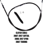 The Drag Specialties Clutch Cable for 2006-2017 Harley-Davidson Big Twin includes a black cable with rubber boot and small parts, compatible with Softail, Dyna (2006-2017), and Touring (2007) models. Quality replacement by Drag Specialties.