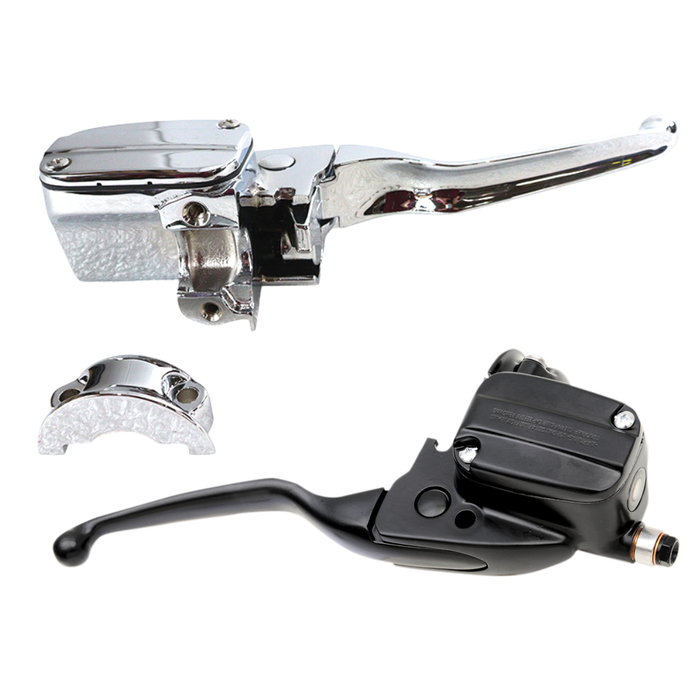 The Drag Specialties Front Master Cylinder for 2008-2013 Harley-Davidson Touring, shown in chrome and black with attached lever and mounting hardware, is displayed isolated on a white background.