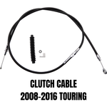 The Drag Specialties Clutch Cable for 2008-2016 Harley-Davidson Touring models features metal ends, a rubber boot, black O-ring, and white plastic L-shaped fitting, shown on a white background.