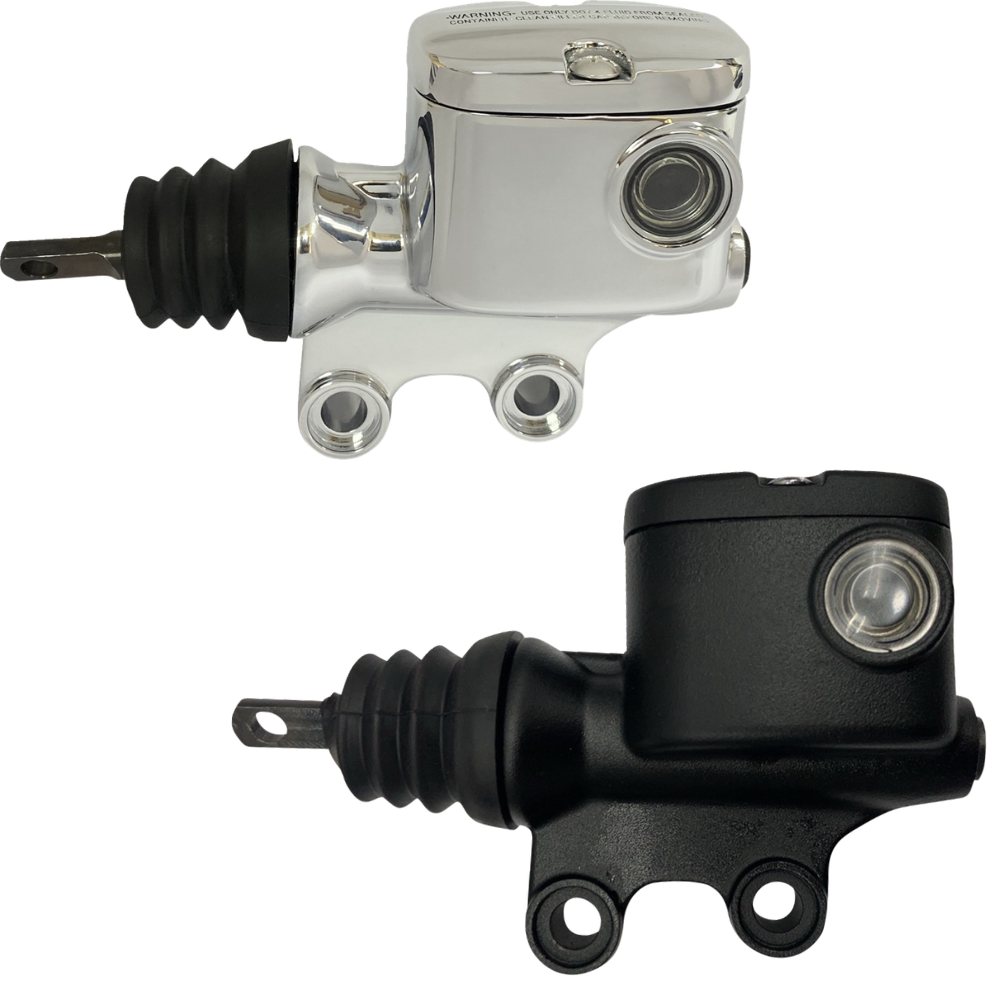 Two Drag Specialties Rear Master Cylinders for 2008-2025 Harley-Davidson Touring are shown side by side—one with a chrome finish on top and one with a black finish below, both viewed from the side.