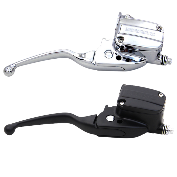 Two Wyatt Gatling Front Master Cylinders for 2014-2016 Harley-Davidson Touring are shown side by side in chrome and matte black finishes, perfect for upgrades or customization. Both are viewed from the side.