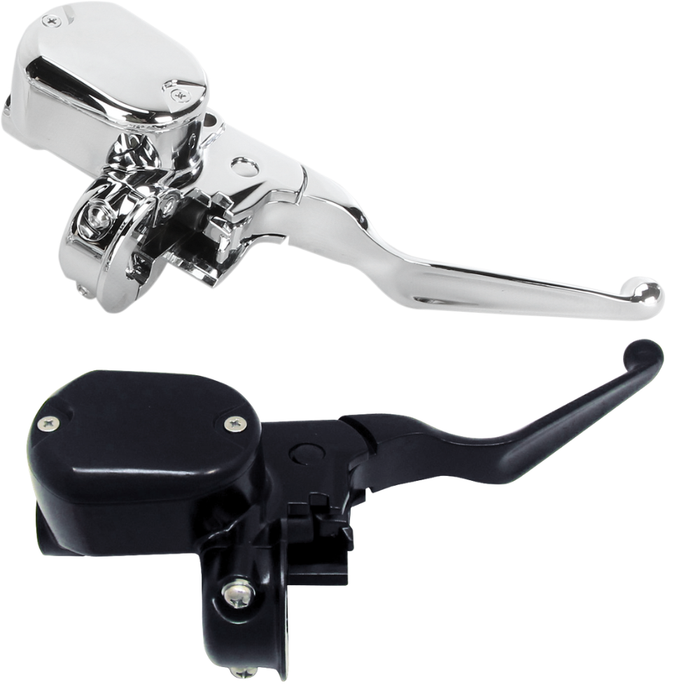 Two Drag Specialties front master cylinders for 2014-2022 Harley-Davidson Sportster are shown—one in chrome and one in matte black finish—both displayed against a white background.