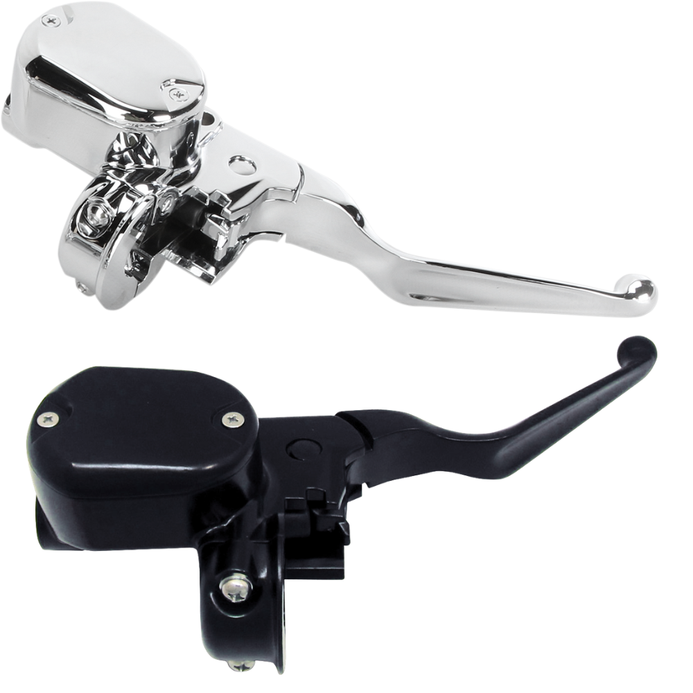 Two Drag Specialties front master cylinders for 2014-2022 Harley-Davidson Sportster are shown—one in chrome and one in matte black finish—both displayed against a white background.