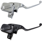 Two Drag Specialties Front Master Cylinders—one chrome, one black—designed for 2018-2024 Harley-Davidson Softail models, are displayed against a white background.