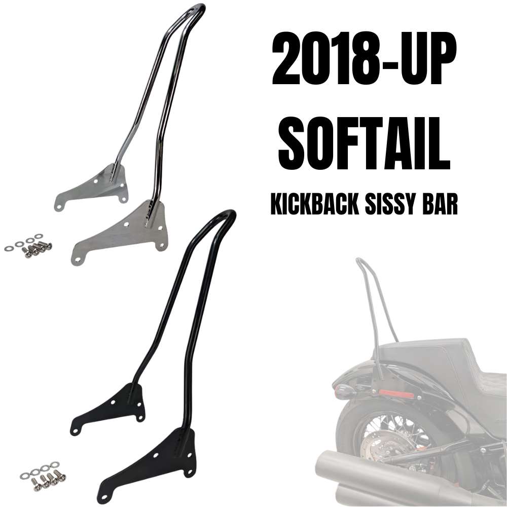 Two TC Bros. Sissy Bars for Harley-Davidson Softail 2018-Up with mounting hardware are shown, plus an image of a TC Bros. bolt-on sissy bar installed on a motorcycle in the background.