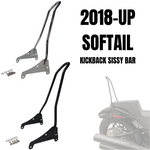 Two TC Bros. Sissy Bars for Harley-Davidson Softail 2018-Up with mounting hardware are shown, plus an image of a TC Bros. bolt-on sissy bar installed on a motorcycle in the background.