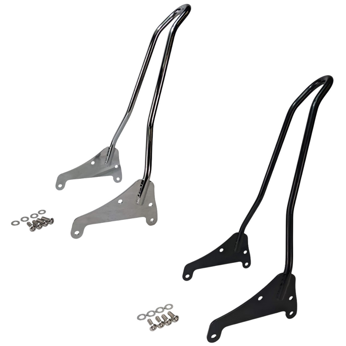 Two TC Bros. Sissy Bars for Harley-Davidson Softail 2018-Up with mounting hardware are shown, plus an image of a TC Bros. bolt-on sissy bar installed on a motorcycle in the background.