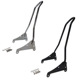 Two TC Bros. Sissy Bars for Harley-Davidson Softail 2018-Up with mounting hardware are shown, plus an image of a TC Bros. bolt-on sissy bar installed on a motorcycle in the background.