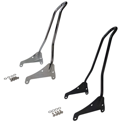 Two TC Bros. Sissy Bars for Harley-Davidson Softail 2018-Up with mounting hardware are shown, plus an image of a TC Bros. bolt-on sissy bar installed on a motorcycle in the background.