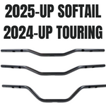 Three black TC Bros. 1" Tracker Handlebars for Second Generation Harley-Davidson TBW are displayed horizontally on a white background with bold text: "2025-UP SOFTAIL 2024-UP TOURING," ideal for compatible Harley-Davidson models.