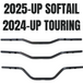 Three black TC Bros. 1" Tracker Handlebars for 2024-up Harley-Davidson Touring and Softail are shown horizontally against a white background with bold black text.