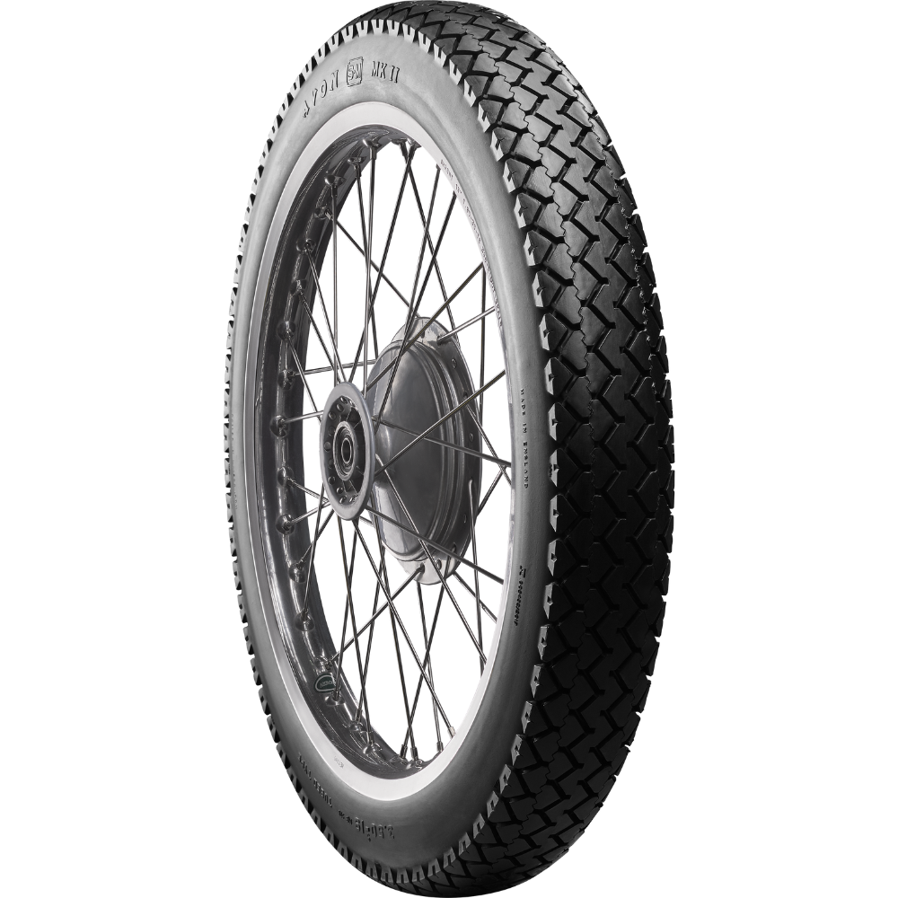 A classic block pattern tire, the Avon Tire - Safety Mileage Mark II AM7 - Rear - 4.00-18 - 64S by Avon, mounted on a spoked wheel.