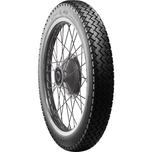 A classic block pattern tire, the Avon Tire - Safety Mileage Mark II AM7 - Rear - 4.00-18 - 64S by Avon, mounted on a spoked wheel.